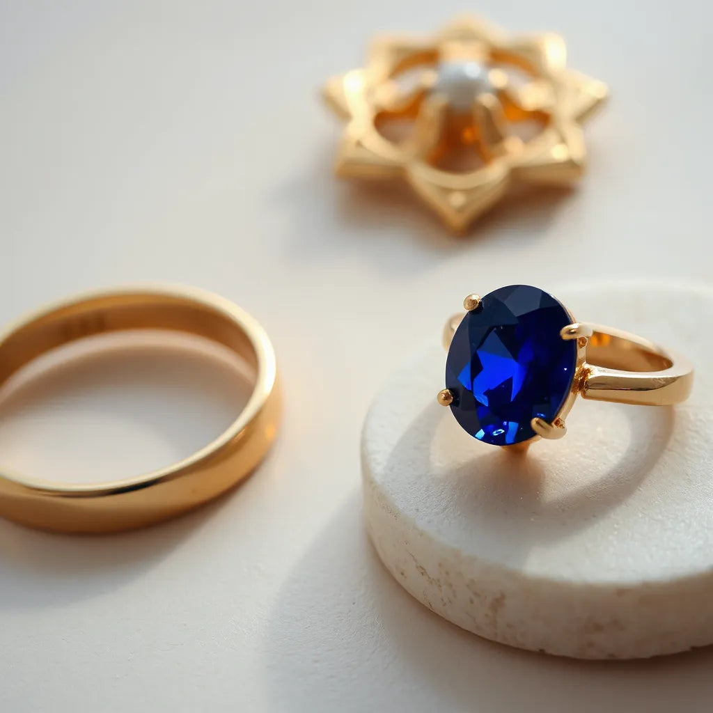 Deep sapphire gemstone and polished gold setting on a neutral background with soft studio lighting