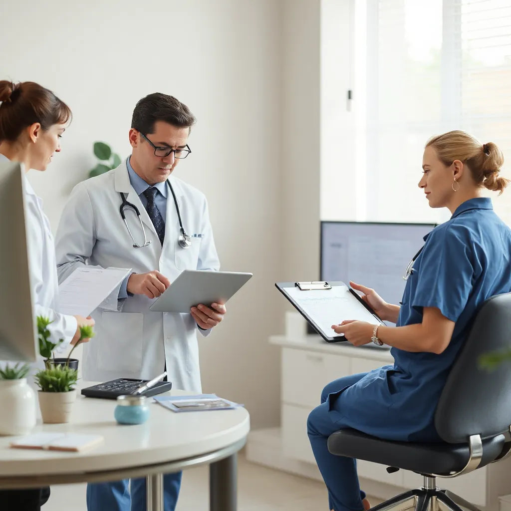 Clinicians in a modern clinic coordinating patient care using a tablet and workstation