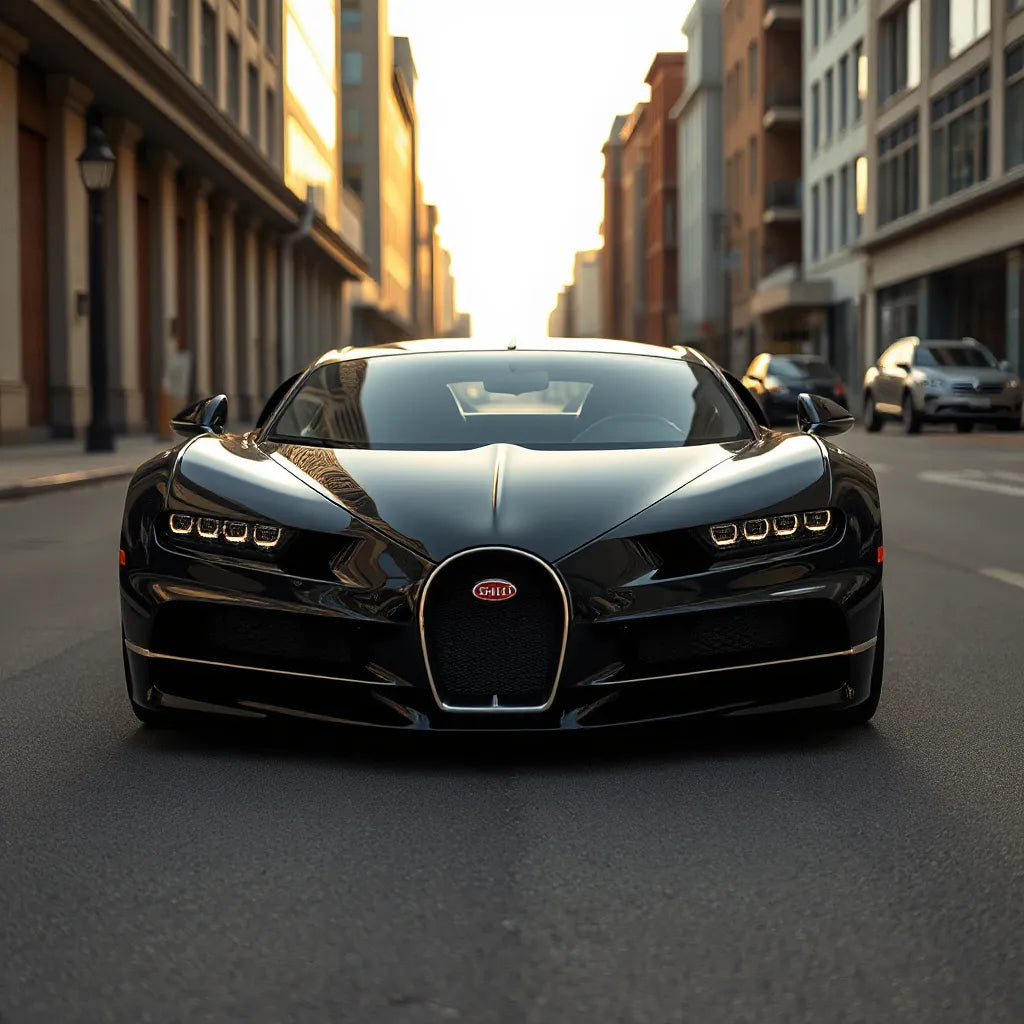 Sleek dark metallic sports car in golden-hour light, front three-quarter view with aerodynamic details.