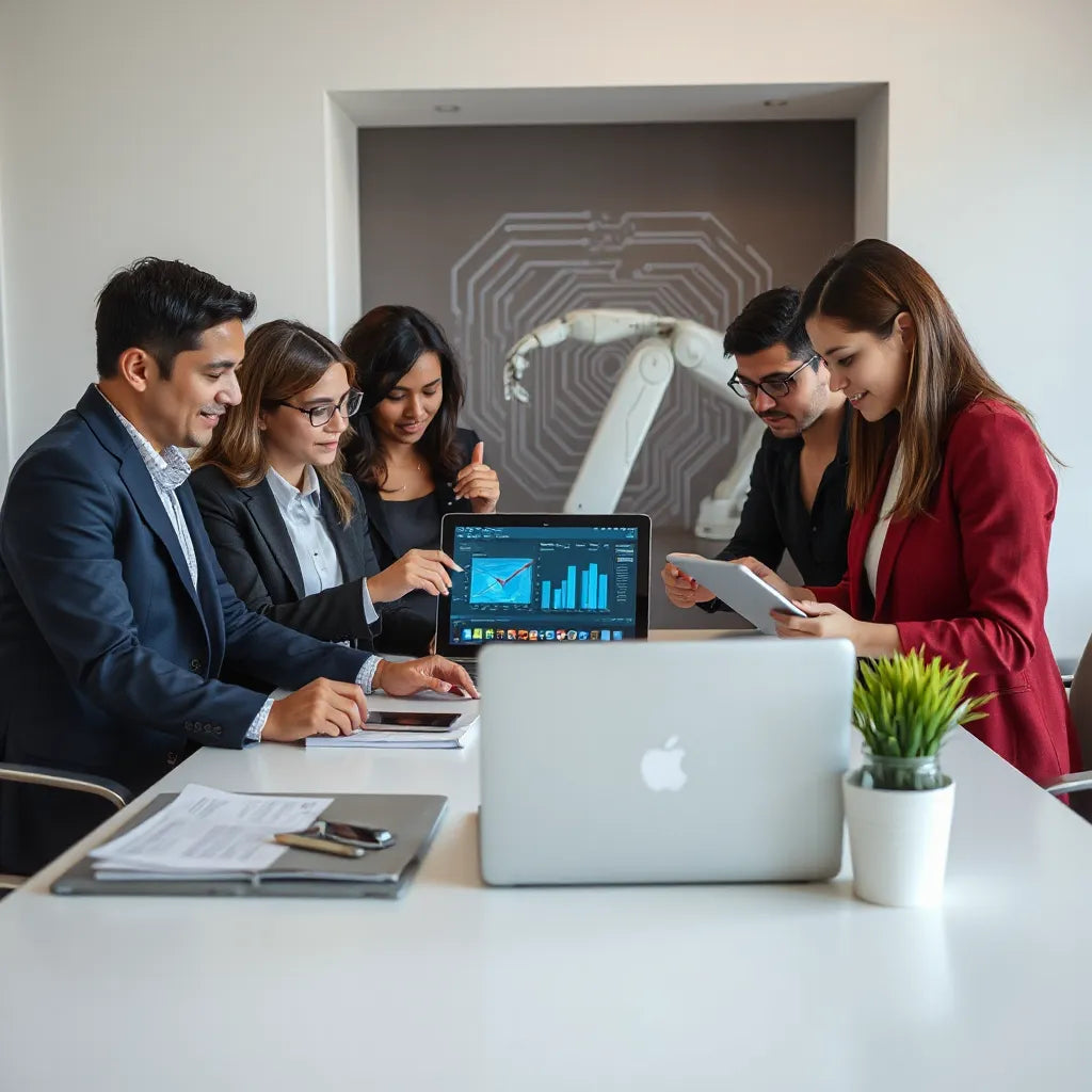 Business team collaborating around AI dashboard visuals to plan smarter operations