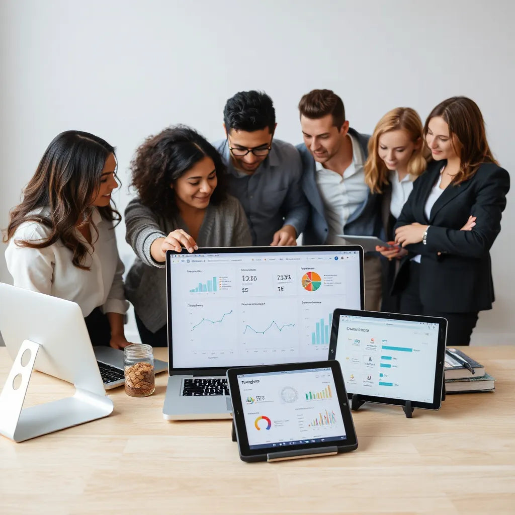 Business team reviewing simple analytics dashboards for improved customer experiences