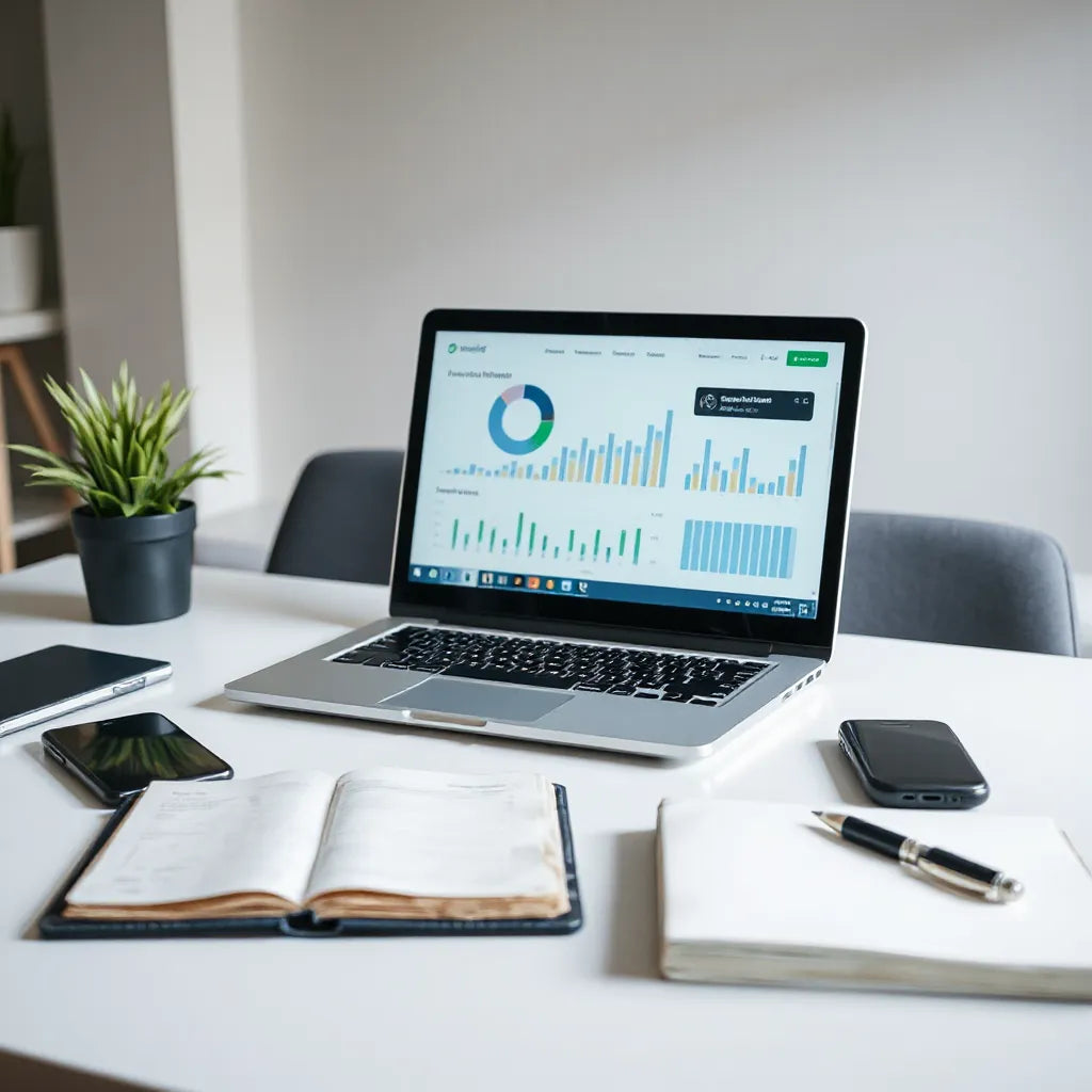 Sleek laptop and phone on a clean desk with motion-like light accents suggesting faster productivity