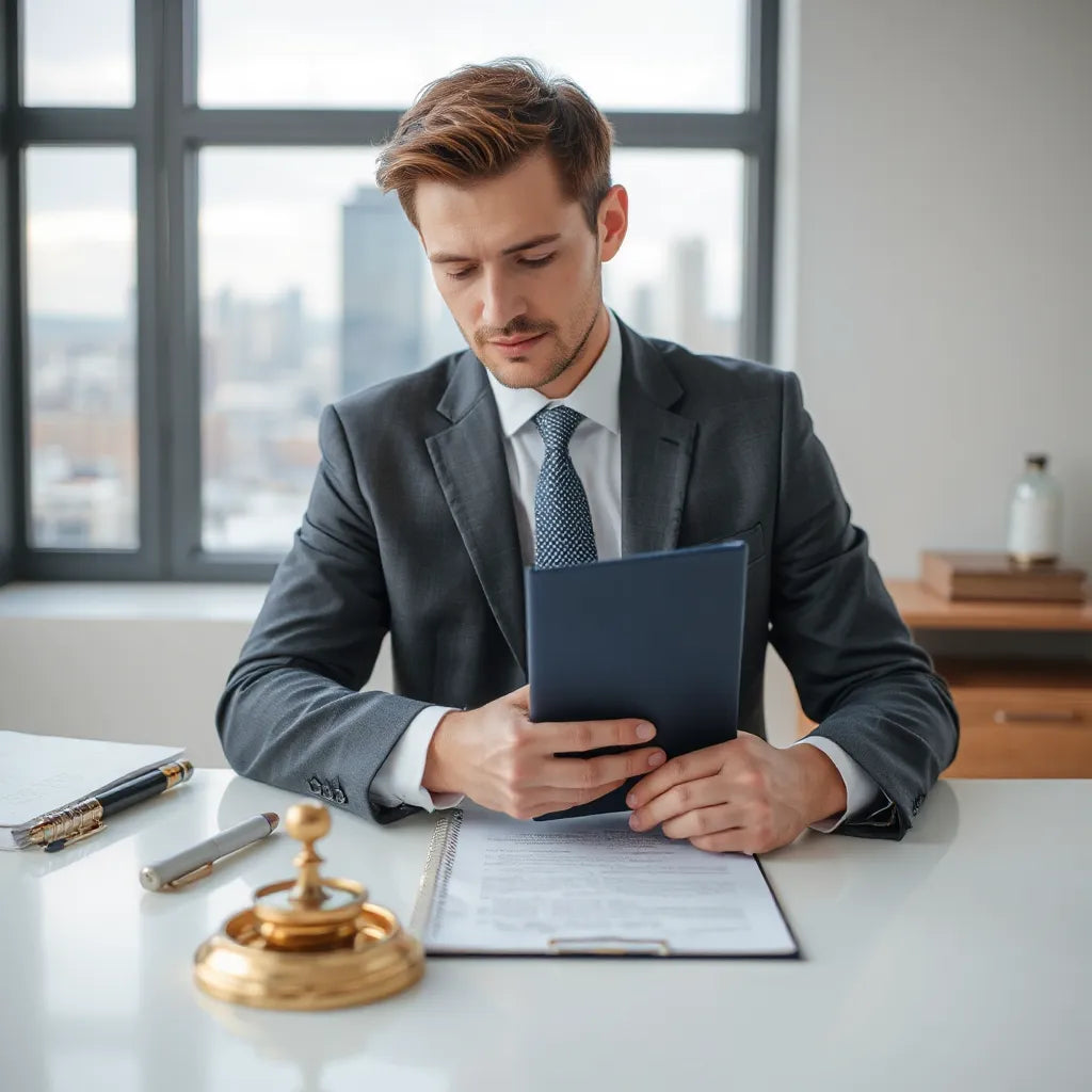 Lawyer reviewing documents at a desk with a calm, professional city backdrop