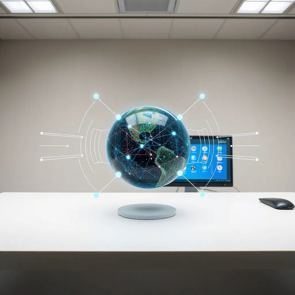 Holographic sphere of connected data signals around a central AI hub in a clean modern workspace