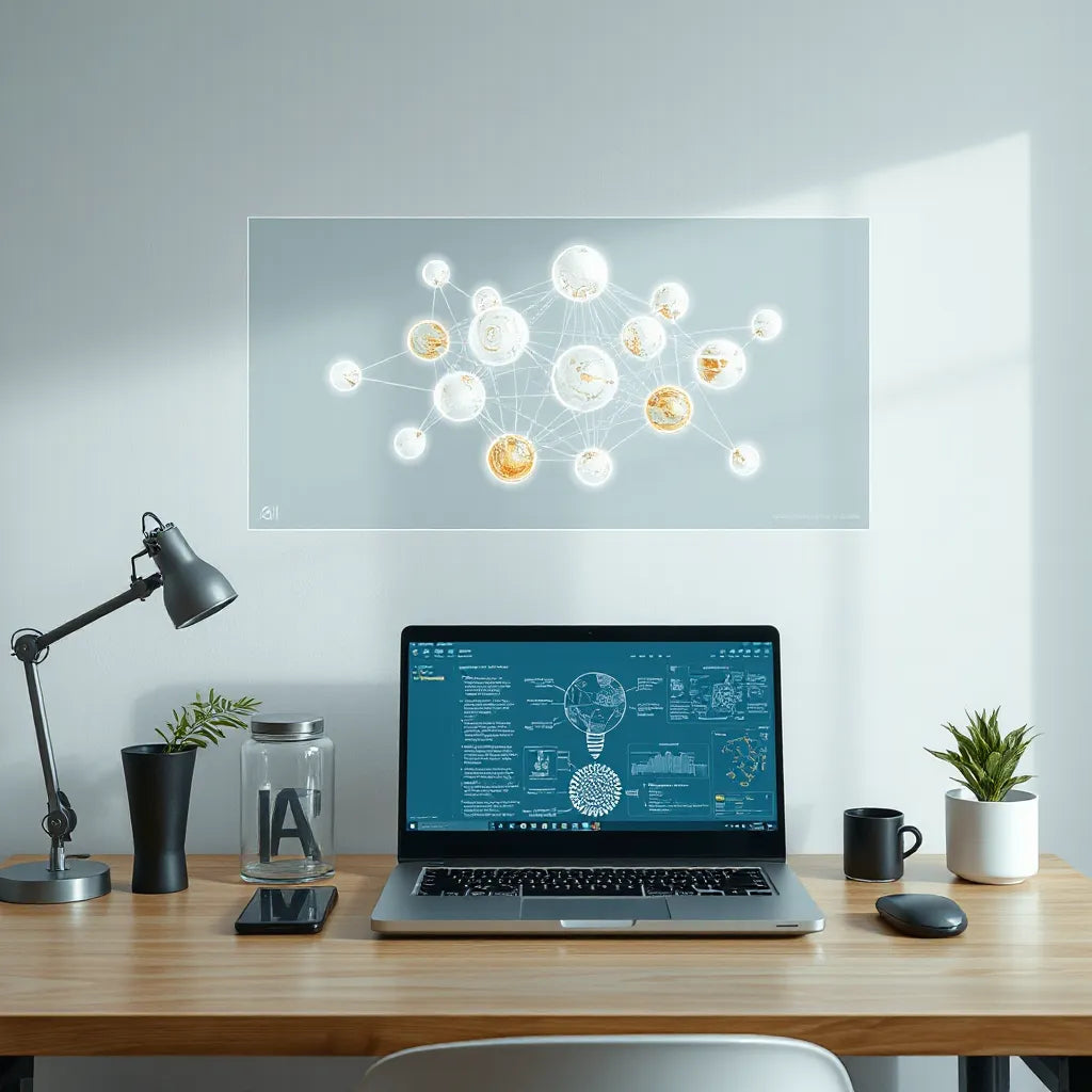 Transparent hologram showing interconnected nodes and links over a laptop in a clean workspace