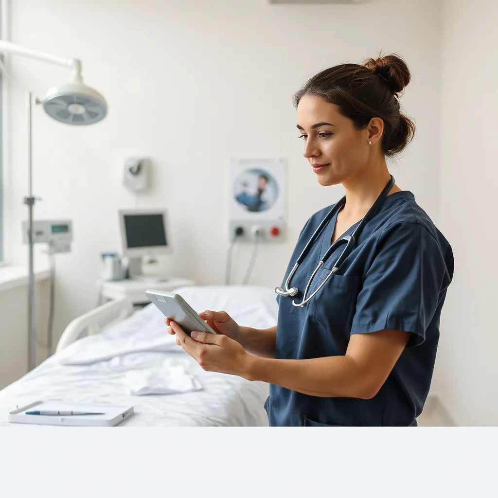 Healthcare professional reviewing a tablet in a clean clinical room with medical equipment in the background