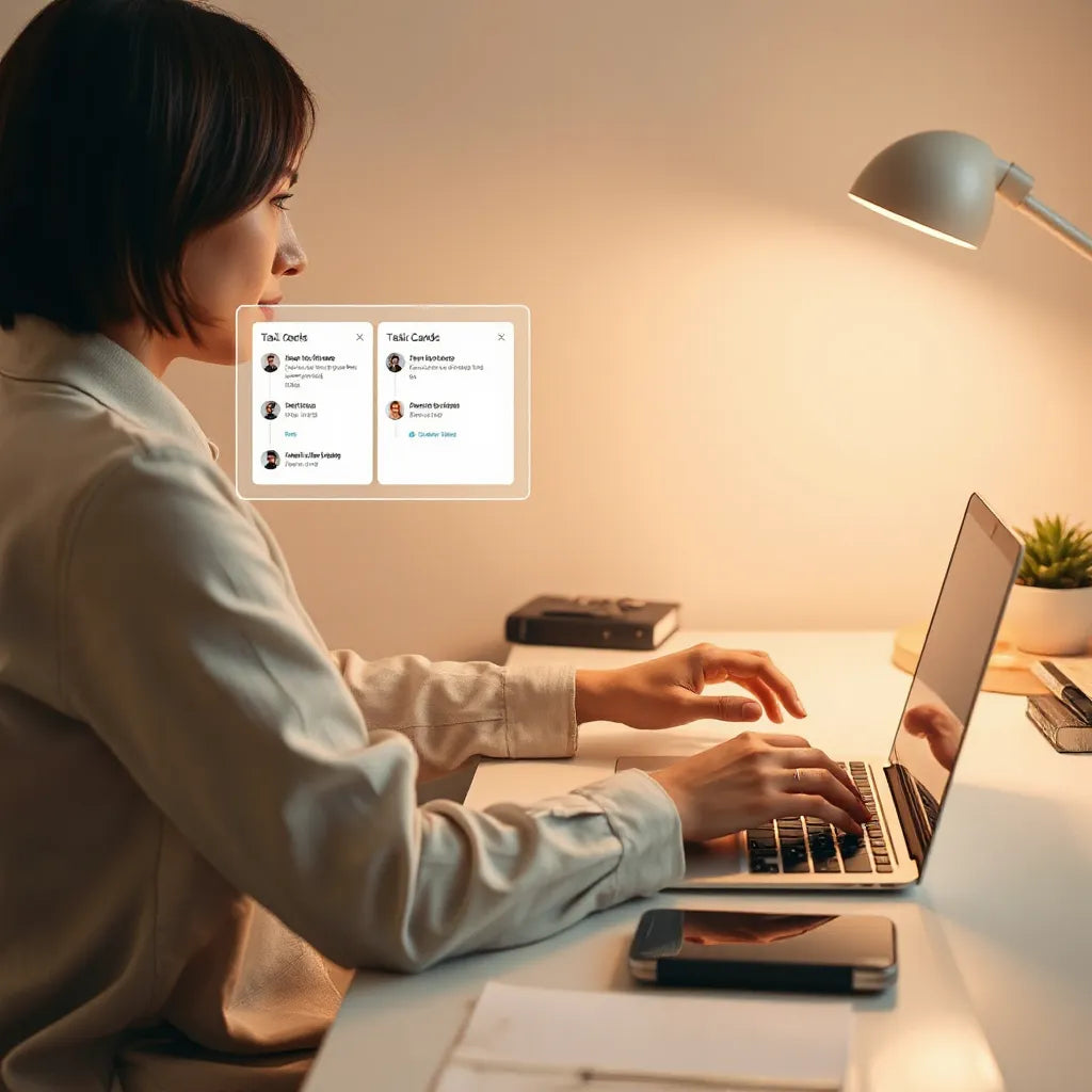 Person working on a laptop with a subtle AI interface showing tailored task cards