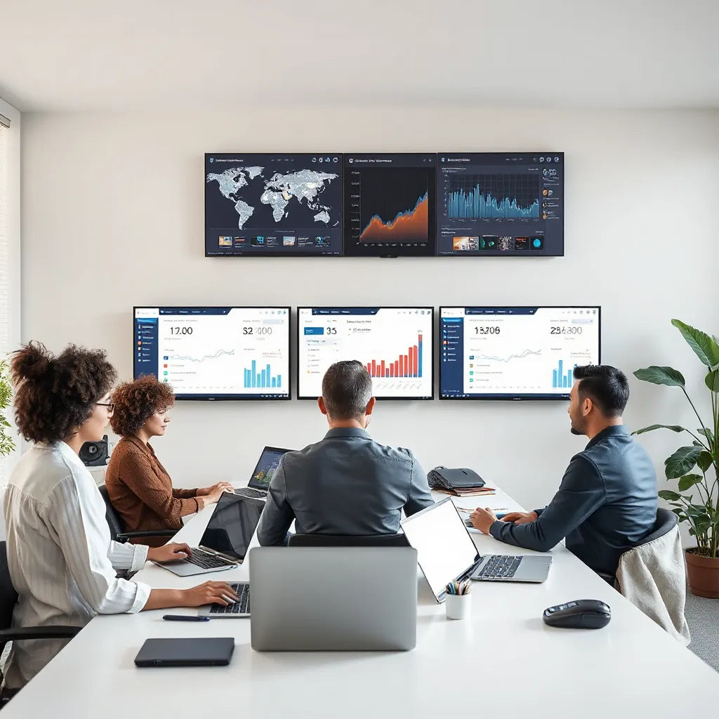 Team reviewing dashboards on screens with subtle AI network overlays for business workflows
