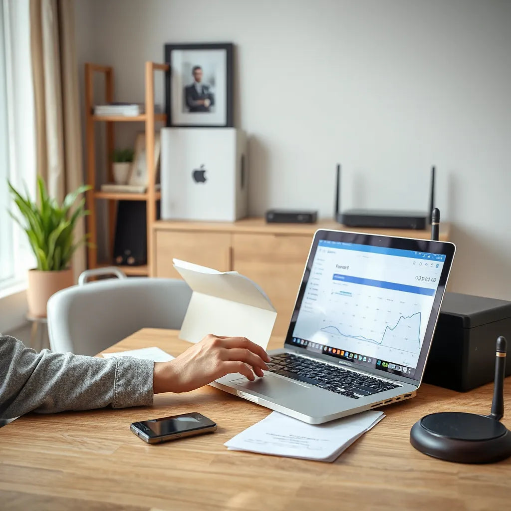 Lawyer using a laptop with a secure case management setup in a modern, organized office