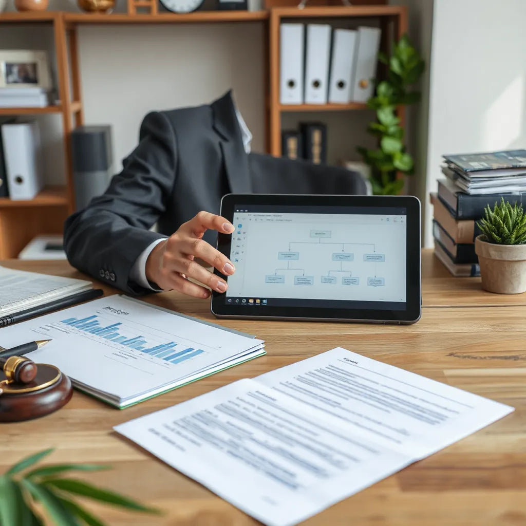 Law professional reviewing documents beside a laptop showing a generic AI workflow and document management icons