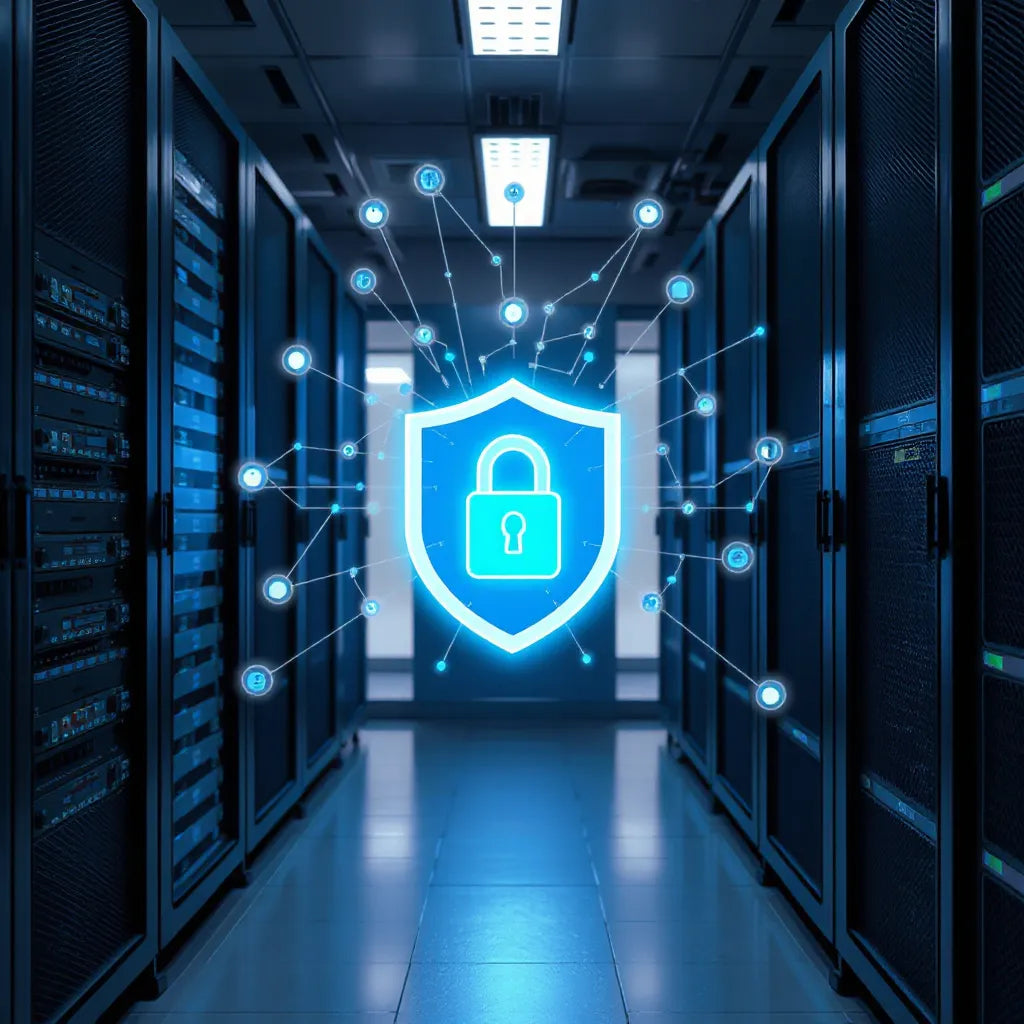Secure server room with encrypted data signals and a shield representing privacy-focused AI